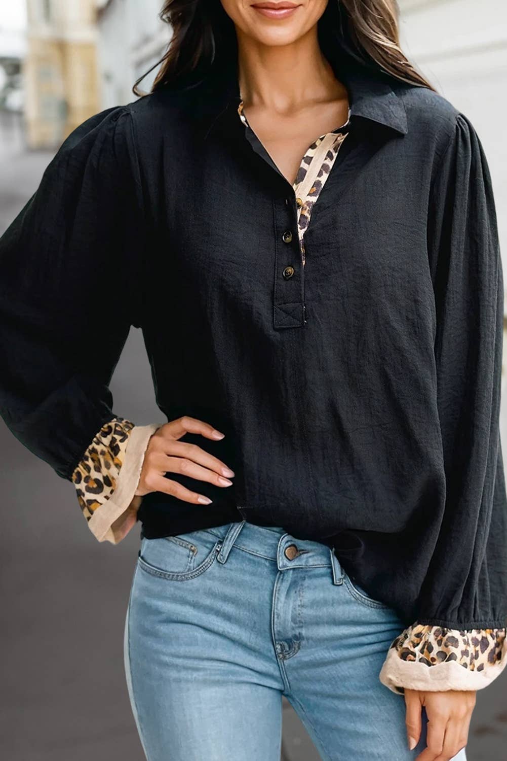 Chic Leopard Trim Blouse