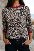 Leopard Contrast Trim Long Sleeve Top