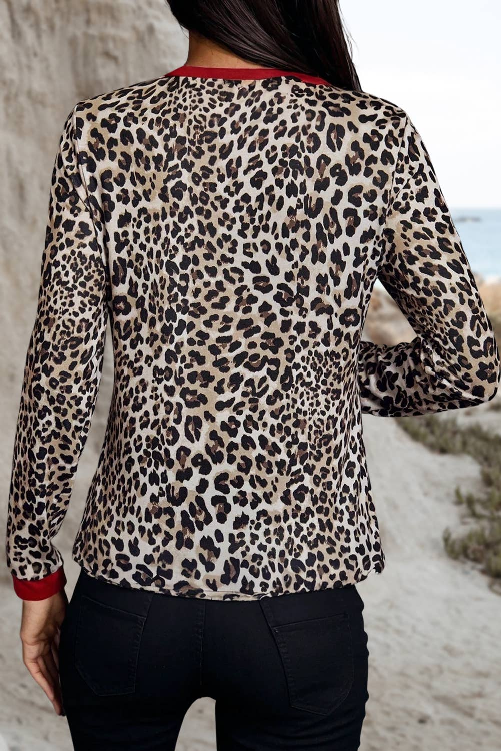 Leopard Contrast Trim Long Sleeve Top