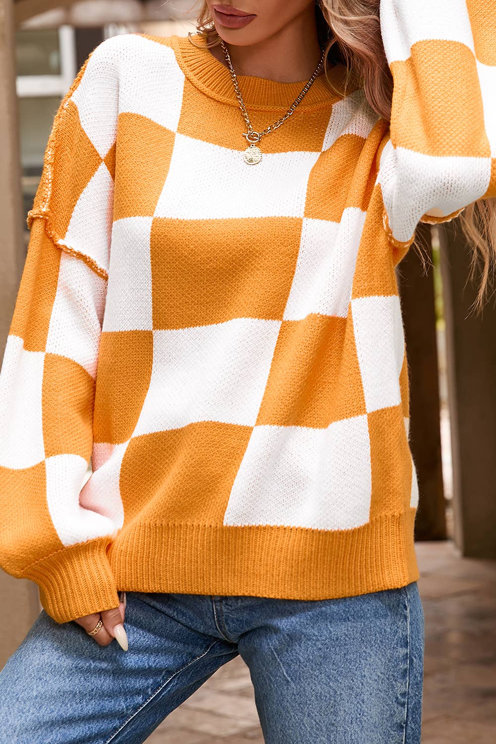 Checkered Bishop Sleeve Sweater